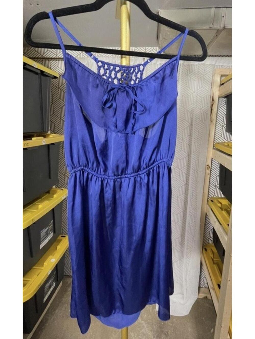 Xhilaration Blue Fit & Flare Mini Dress Spaghetti Strap Cross Mesh Back Size M
